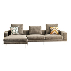 A gray sectional sofa with pillows on it
