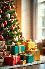 Festive Christmas Tree with Decorated Ornaments and Colorful Gift Boxes Wrapped in Elegant Ribbons in Cozy Living Room Interior Holiday Atmosphere Concept