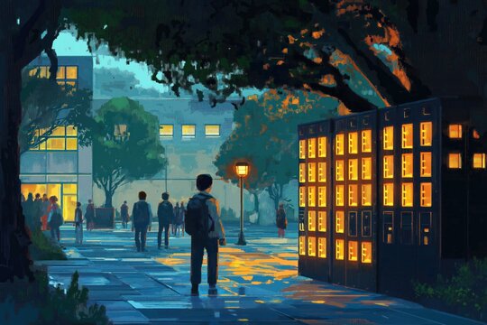 Pixel art school campus at twilight. Students walk past glowing lockers. Trees and buildings are in pixel style. Evening atmosphere. School environment. Retro video game aesthetic.