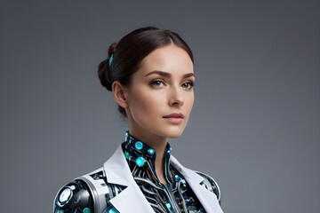 Female doctor robot looking futuristic with lab coat and robotic details