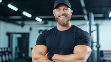 A fit man stands proudly with arms crossed in a contemporary gym setting, highlighting his muscular physique and positive attitude during workout