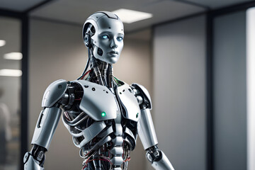 Fototapeta premium Futuristic female robot standing in modern office setting