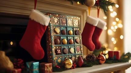 Advent calendar partially opened styled on a mantle with stockings missing chocolates and vibrant festive tones