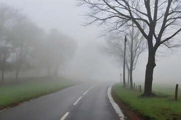 Fototapeta premium Empty asphalt road disappearing into foggy forest landscape