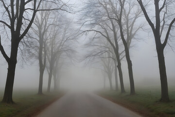 Foggy road disappearing into the mist, surrounded by bare trees