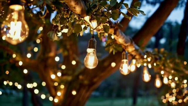 Warm string lights hanging from a tree, creating a cozy outdoor atmosphere.