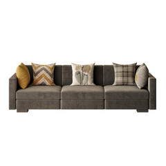 A gray couch with three pillows on it