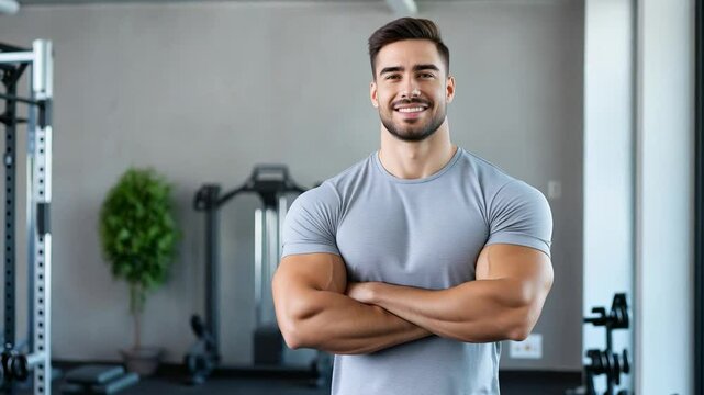A muscular guy in gray fitwear demonstrates a confident pose in a contemporary gym filled with fitness equipment during workout