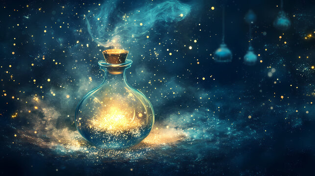 Enchanted elixir under stardust veil. concept fantasy, magic, elixir, stardust, enchantment. Dreamy Stardust Veil. Illustration