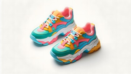 A pair of chunky sneakers with a retro '90s design, featuring bright, vibrant colors like turquoise, pink, and yellow. The shoes have a thick, multi-layered sole and bold contrast stitching, set again