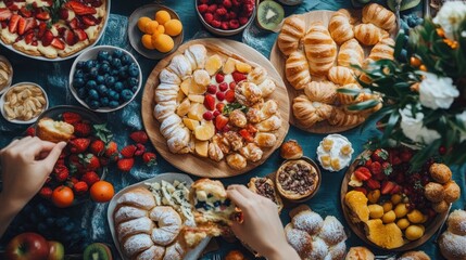 Fototapeta premium Delicious pastries and fresh fruit arranged on a table