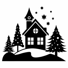  Christmas winter and house vector silhouette on white background