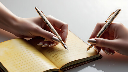 Leather-bound notebook with yellowed pages and a subtle texture, A worn, leather-bound book lies open on a wooden desk, its yellowed pages revealing snippets of handwritten text in sepia-toned ink.