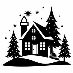  Christmas winter and house vector silhouette on white background