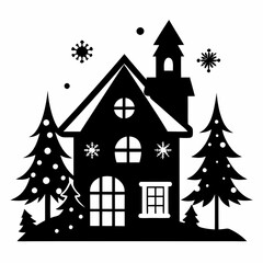  Christmas winter and house vector silhouette on white background