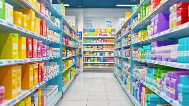 A colorful aisle in a pharmacy filled with various health and wellness products.