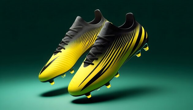 A pair of high-performance soccer cleats in bright yellow and black, designed for speed and agility. The shoes feature sleek aerodynamic lines, bold studs on the sole, and a lightweight mesh body, dis
