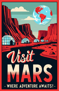 Retro Travel Poster For Mars Tourism With Scenic Red Landscapes
