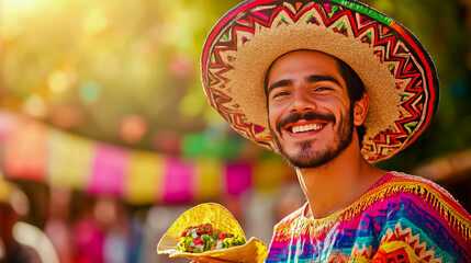 Cheerful man wearing a traditional sombrero, holding a taco in his hand, dressed in a colorful Mexican-style shirt, standing outdoors with a festive background.
