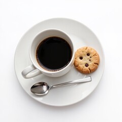 White Coffee Cup on a Saucer with Cookies and a Teaspoon on a White Background