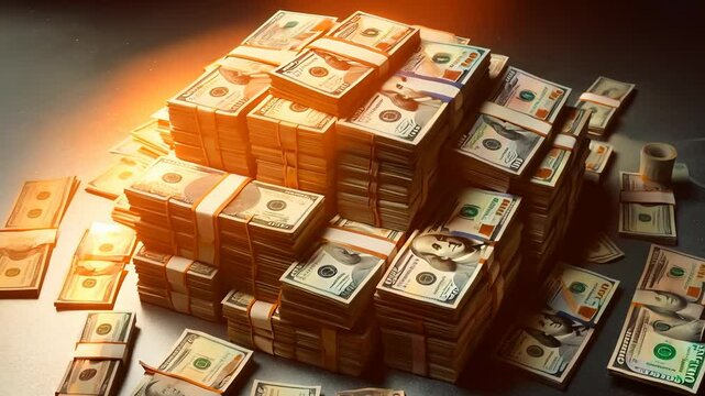 Piles of neatly stacked banknotes