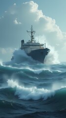 A large tsunami wave hit a ship