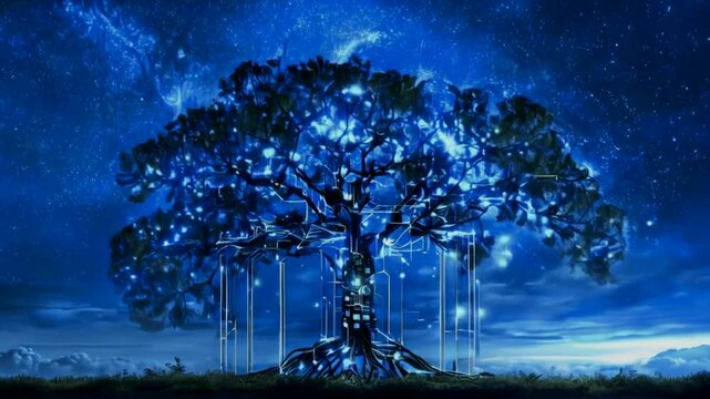 A digital tree with glowing blue elements and circuit patterns against a starry night sky.