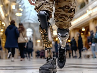 Young adult walks confidently in urban setting with modern prosthetic leg