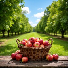 Basket of Ripe Apples on a Wooden Table, Sunny Apple Orchard, Blue Sky and White Clouds