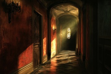 Fototapeta premium Light in the Dark Corridor - Mysterious hallway, sunlit window, antique doors, aged walls, gothic architecture. Secrets, mystery, exploration.
