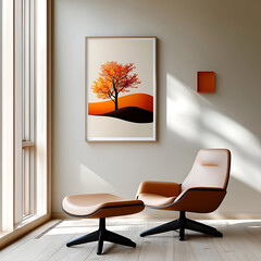 Serene autumn tree art display modern living room home decor minimalist environment bright viewpoint nature-inspired aesthetic for tranquil spaces