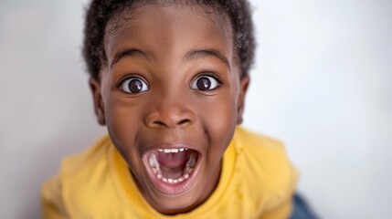 A close-up Of a young boy with dark skin and short black hair wearing a yellow shirt and displaying an open- mouthed wide-eyed expression Of shock or surprise.