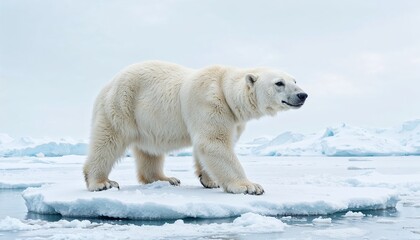 Polar Bear Standing on an Ice Floe Amidst Snowy Arctic Scenery