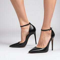 Elegant black leather high heels on a transparent background showcasing classic pointed toe stiletto design for fashion and style enthusiasts