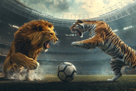 Lion vs Tiger Football Showdown - Epic battle, lion tiger football match, stadium backdrop, fierce rivals, competitive spirit.