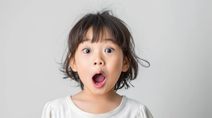 A young girl with a shocked expression her mouth open in surprise wearing a white shirt.