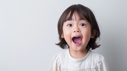 A young Asian girl with dark hair and bangs wearing a white shirt standing against a plain white background with her mouth open in a wide surprised expression.