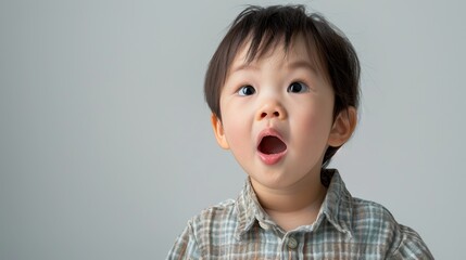 A young boy with a surprised expression wearing a plaid shirt and looking directly at the camera.