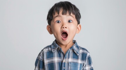 A young boy with a surprised expression wearing a blue and white plaid shirt set against a light gray background.