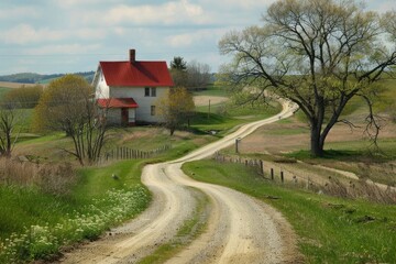 Fototapeta premium Springtime Country Road. Gravel Road Leading to Farmhouse in Rural Landscape