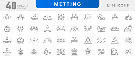 Metting line icon set. Audit, analysis, plan, evaluation, result, testing, appraisal, examination, measurement, review, judgment, diagnosis line icon set. UI thin line icon pack.