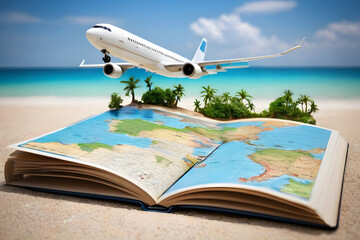 Airplane flying over tropical island on open book with world map on sandy beach
