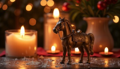 Toy Horse Figurine on a Wooden Table with Festive Garland Lights in the Background