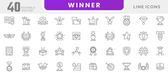 Winner line icon set. Trophy cup, medal, badge, winner, prize, membership, quality, badge, rank, cup, reward, certification, ribbon, line icon set. UI thin line icon pack.