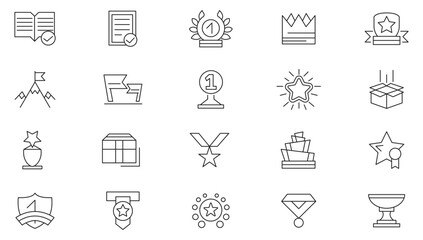 Winner line icon set. Trophy cup, medal, badge, winner, prize, membership, quality, badge, rank, cup, reward, certification, ribbon, line icon set. UI thin line icon pack.