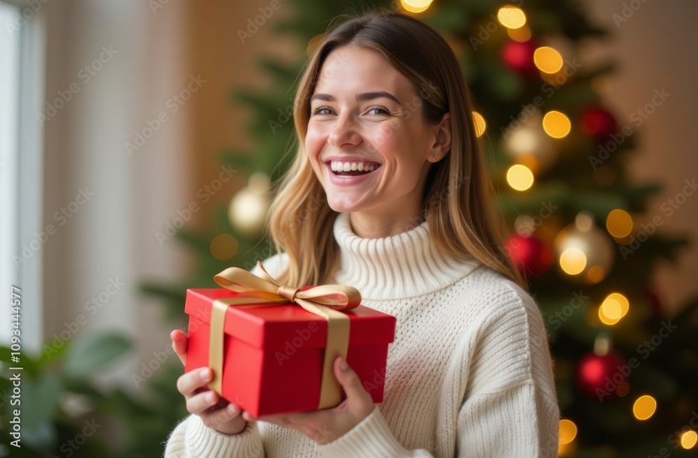 Wall mural Smiling woman holding red gift box with golden ribbon in cozy Christmas setting, festive mood concept