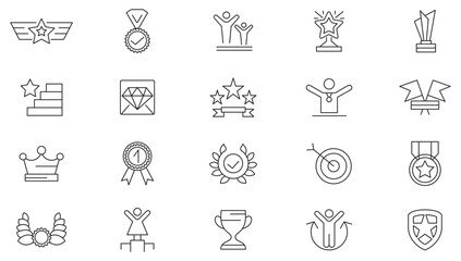 Winner line icon set. Trophy cup, medal, badge, winner, prize, membership, quality, badge, rank, cup, reward, certification, ribbon, line icon set. UI thin line icon pack.