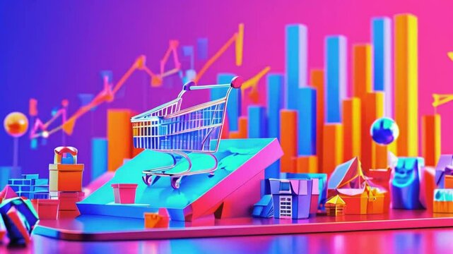 A colorful 3D illustration of a shopping cart amidst graphs and buildings, symbolizing commerce.