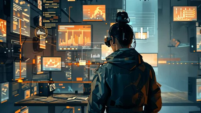 Virtual reality experience in a futuristic control room with immersive data displays and analytics