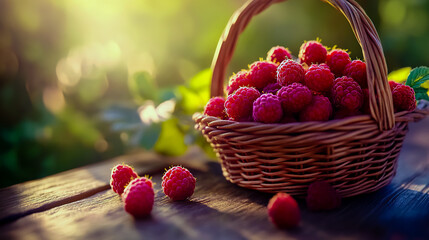 Rustic basket overflowing with fresh, vibrant red raspberries, placed on a weathered wooden table.